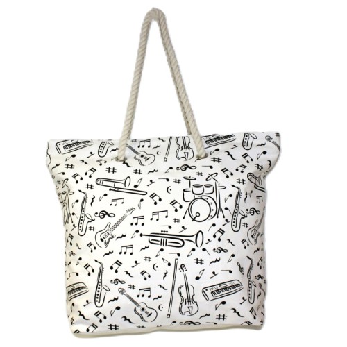 Carrier bag with sheet music and instruments